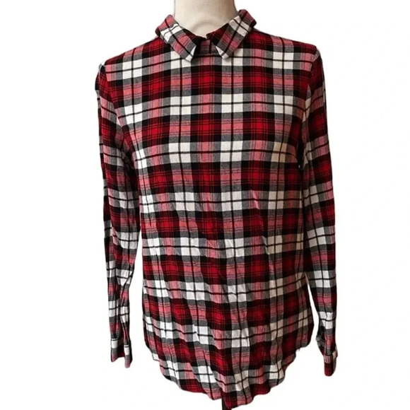 Forever 21 Red White Black Plaid Collared Top Blouse Size Medium - Picture 1 of 14